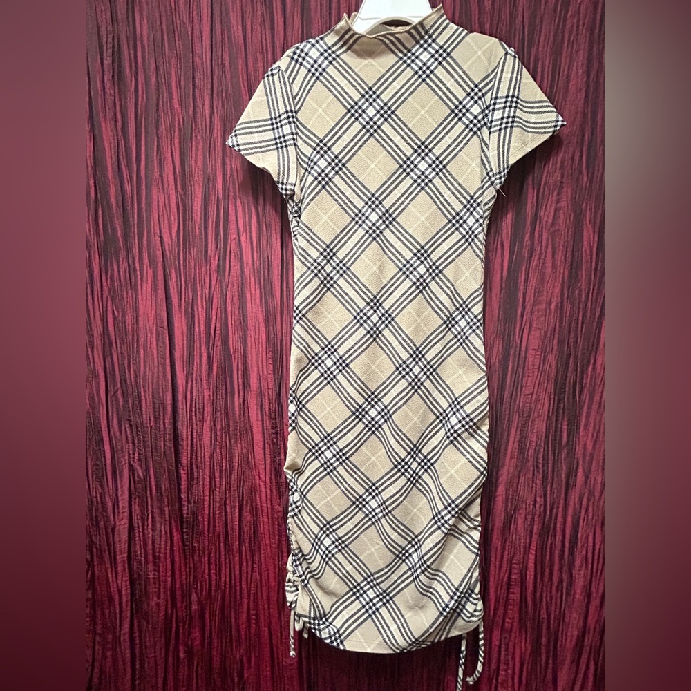 Almost Famous Beige, Black, and White Plaid Midi Dress
